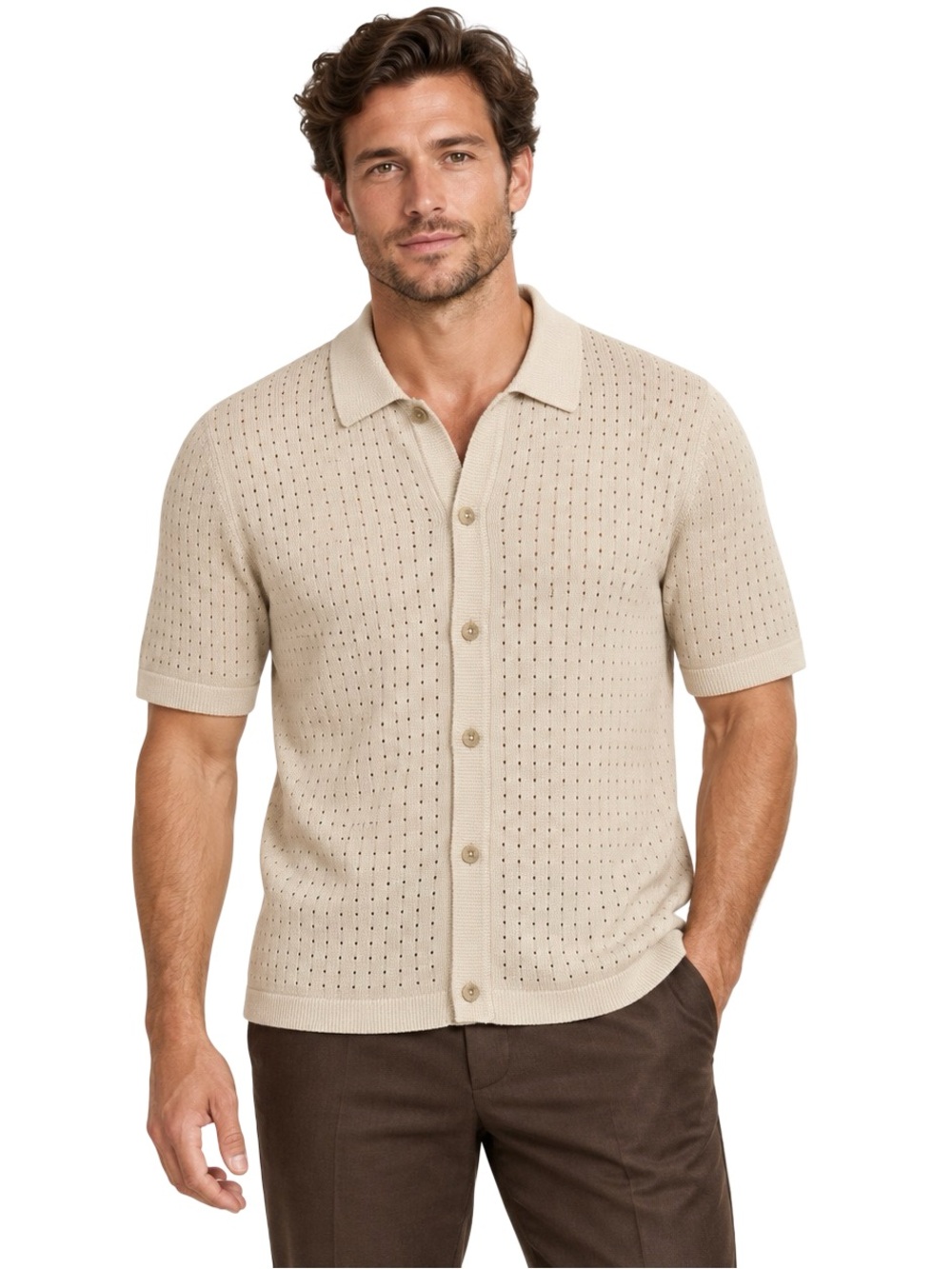 NWT TRUTH by Republic Men’s Open Knit Button-Up Polo Shirt Natural Large